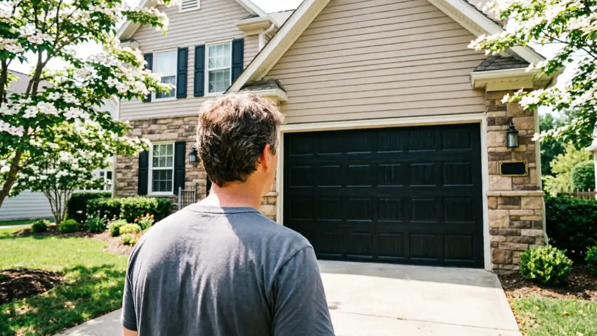 A man stands in a driveway looking at a black garage door on a house.