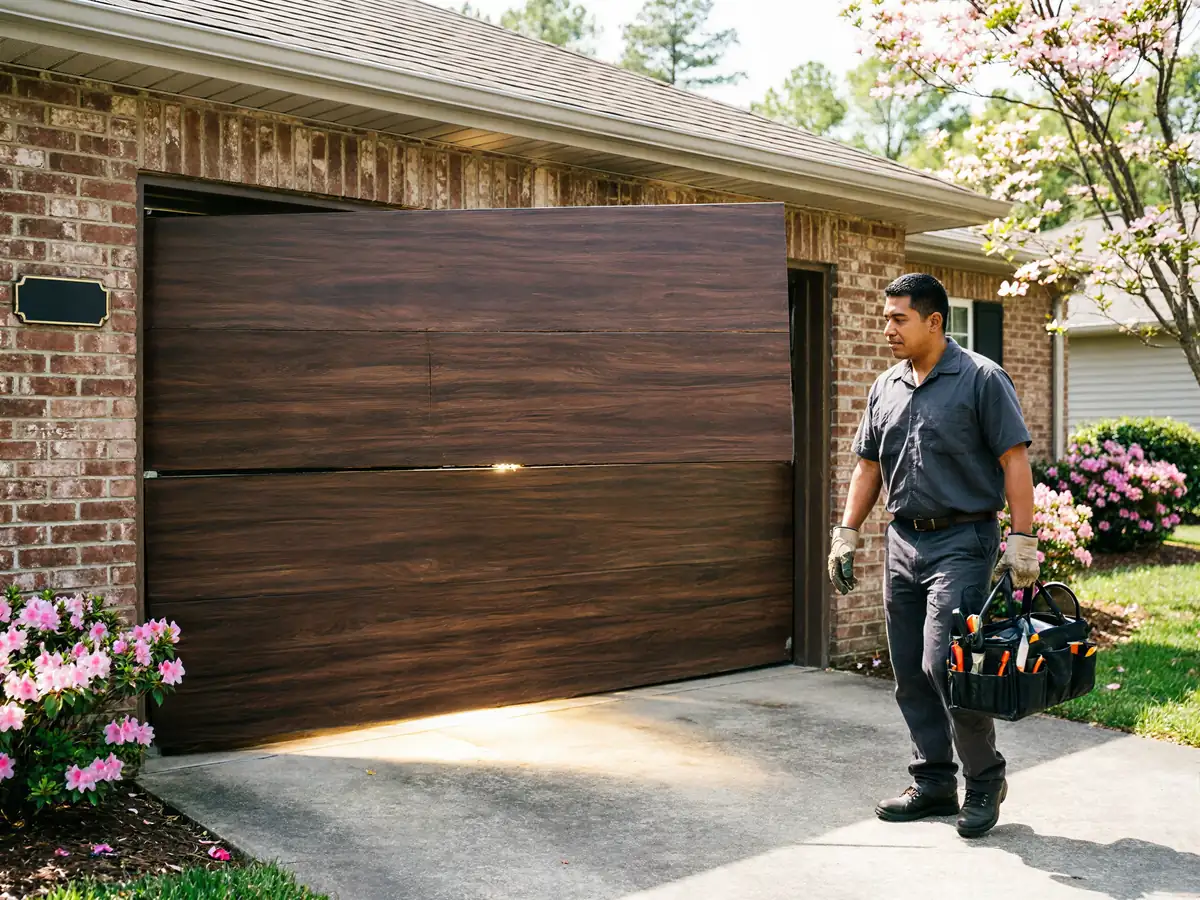A technician carries a toolbox past a brown garage door that is partially open.
