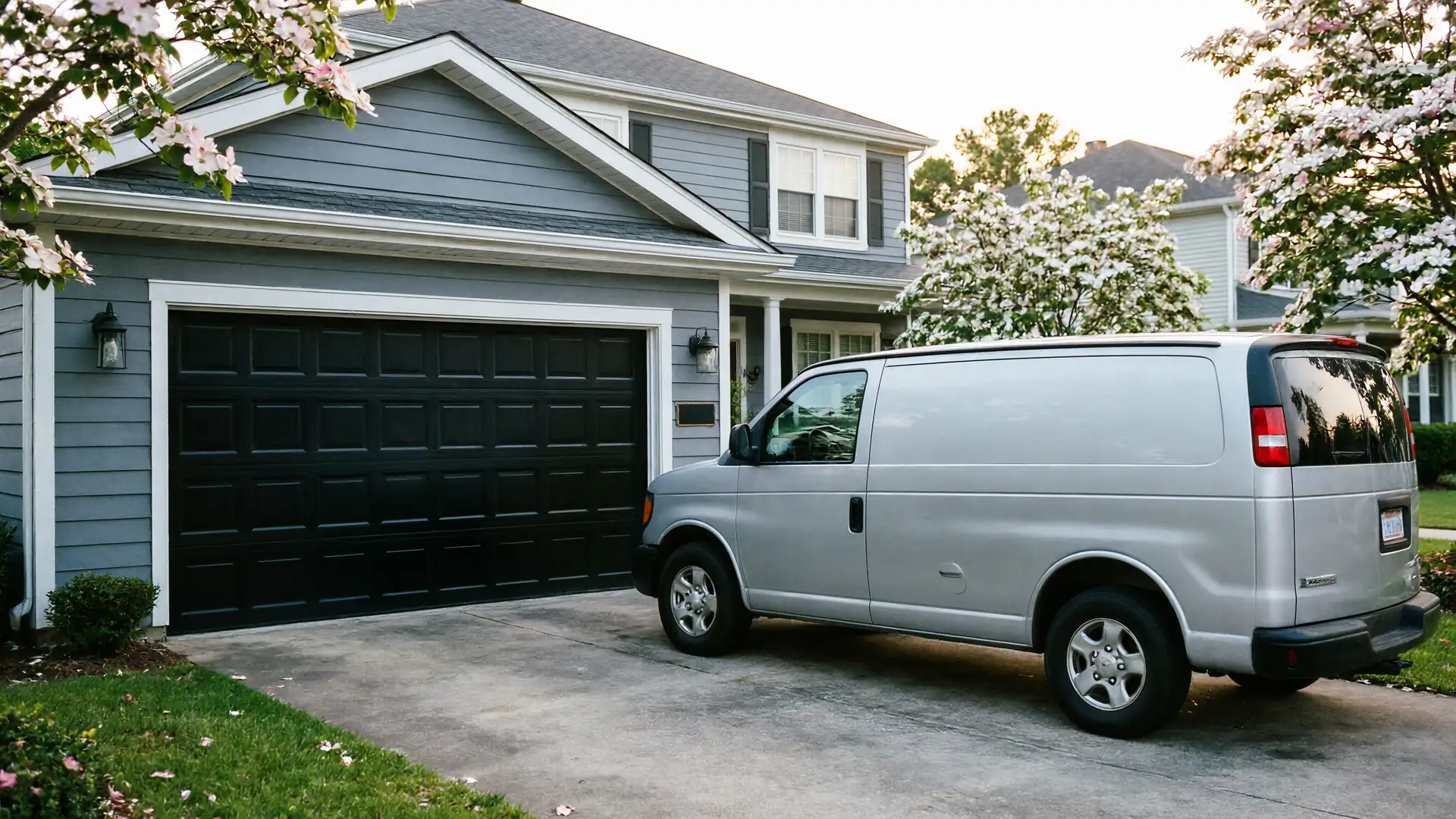 A silver service van is parked in the driveway of a gray house with a black garage door.