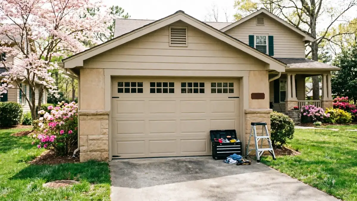 A beige garage door with windows is next to a toolbox and a ladder.