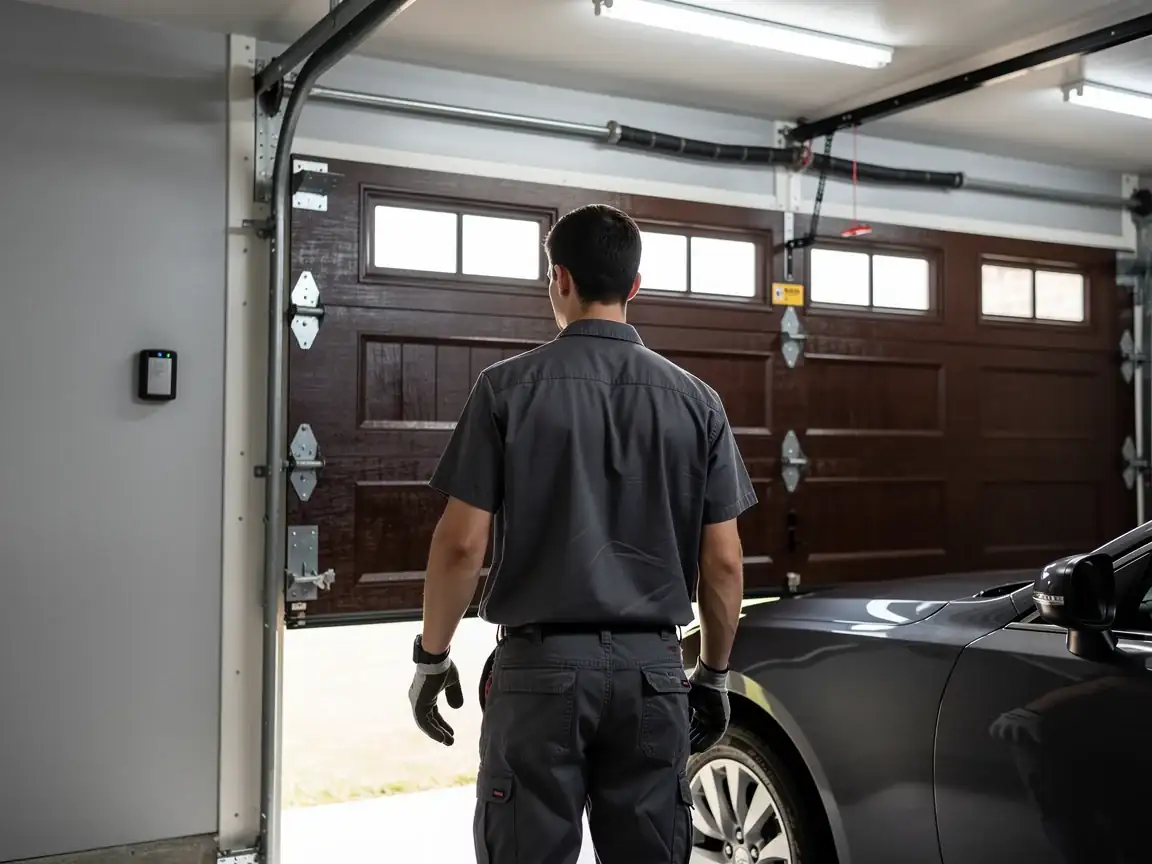 A technician stands in a garage looking at a brown garage door with windows.