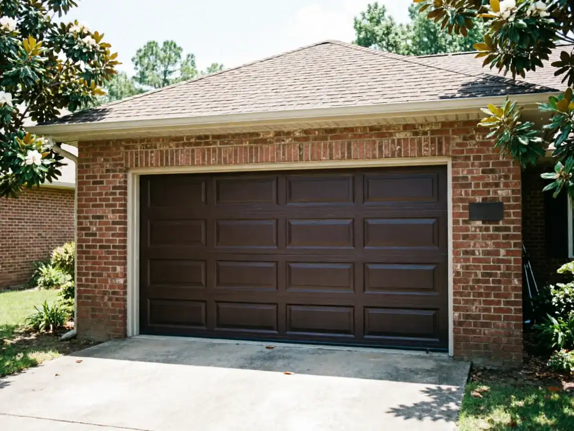 The house has a brown garage door, brick walls, and a brown roof.