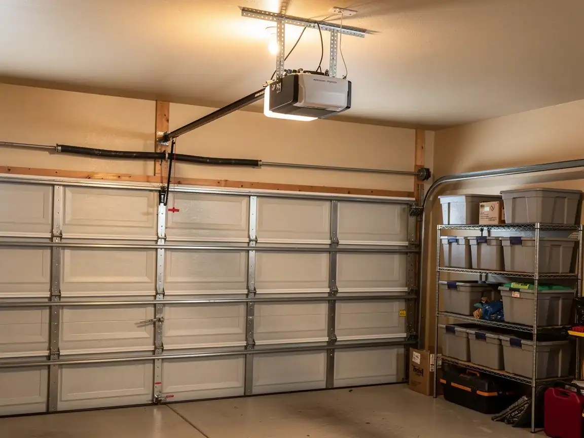 A white garage door is closed with an opener and a broken torsion spring visible.