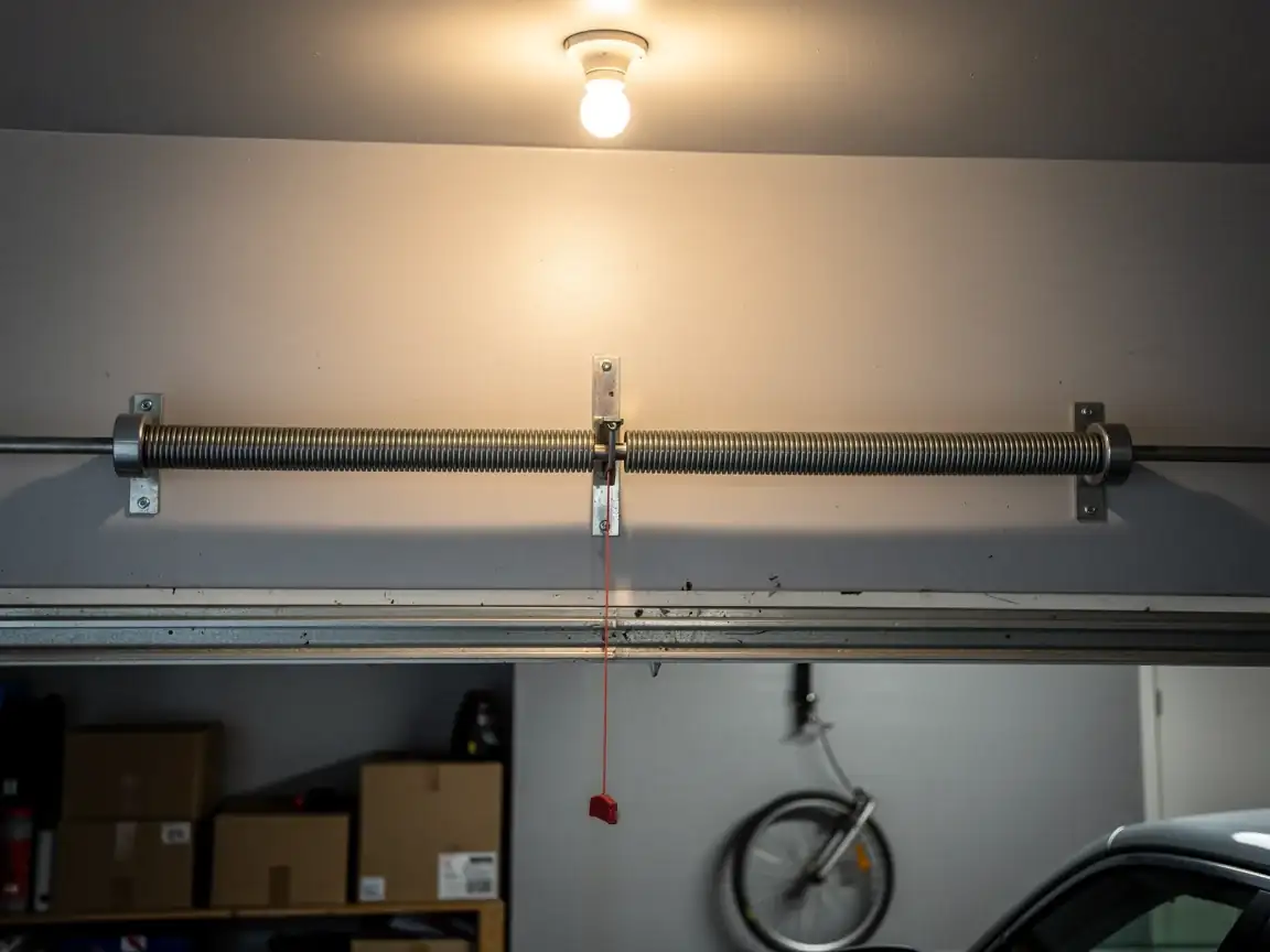 A single torsion spring is mounted above a garage door opening.