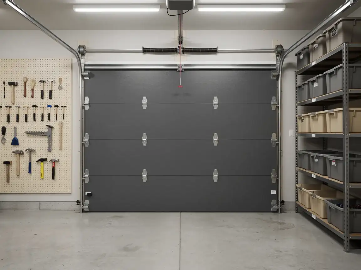 A closed gray garage door is centered in a clean garage.