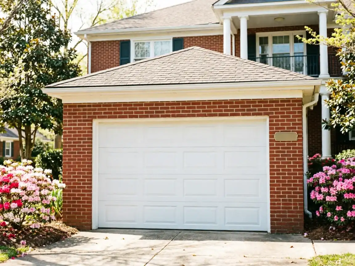 A white garage door on a brick house with flowering bushes.